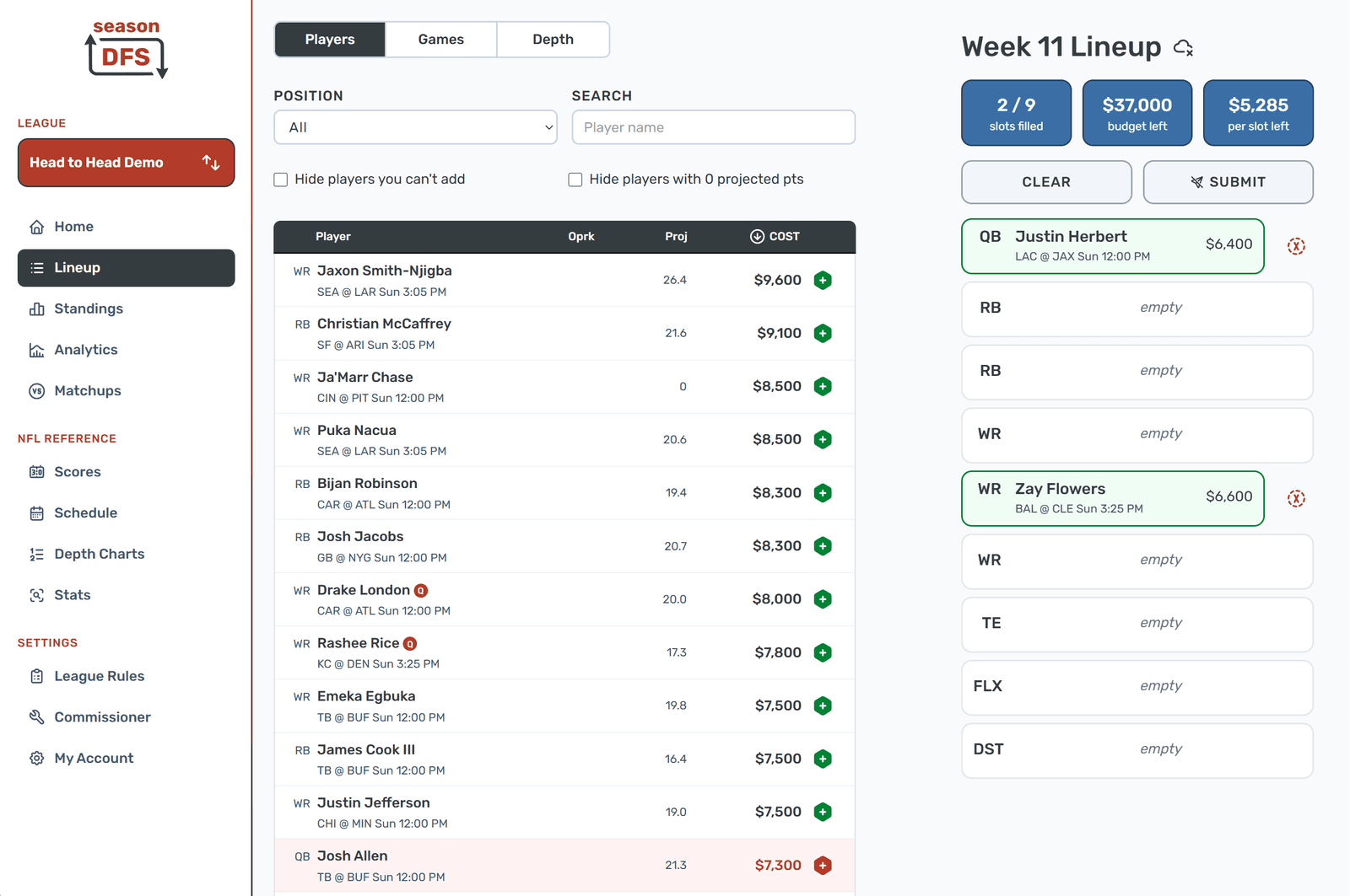 Season DFS weekly fantasy football lineup builder with player projections and salaries